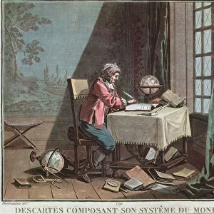 Rene Descartes (1596-1650) writing his world system, engraved by Jean Baptiste Moret (fl