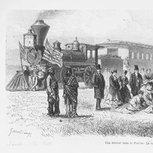 A Station in the Prairie: The 100th Meridian (engraving) (b / w photo)