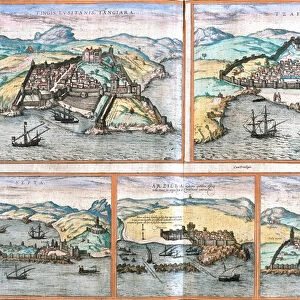 Tangier, Safi, Ceuta, Asilah, Sale, Morocco, From the book Civitates orbis terrarum by Braun and Hogenberg. Publication year 1572, Cologne