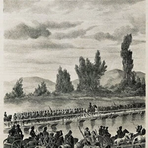 The troops of the Napoleonic French army cross the river of Bidasoa, 1808 (litho)