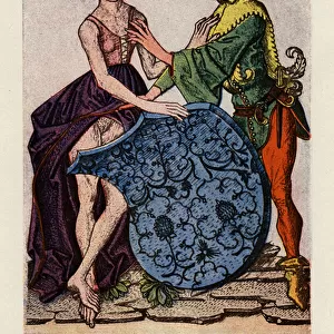 Woman, jester and a coat of arms (colour litho)