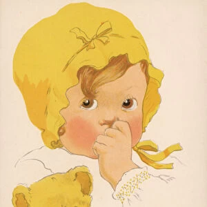 Young child, with teddy bear, sucking thumb (colour litho)