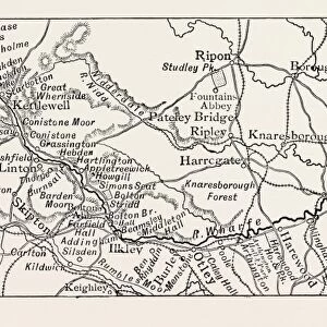 MAP OF THE COURSE OF THE WHARFE, UK. The River Wharfe is a river in Yorkshire, England