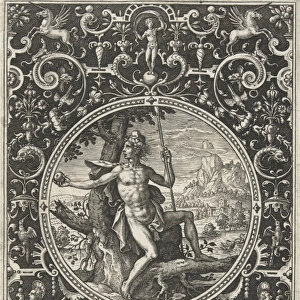 Medallion which Paris, sitting against a tree, print maker: Adriaen Collaert, 1570 - 1618