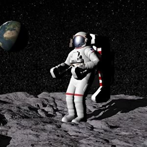 Astronaut on moon with Earth in the background