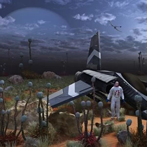 An astronaut surveys the desert like landscape of an alien world