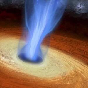 Powerful streams of energy spew out of a black hole in the middle of a galaxy