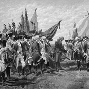 Revolutionary War print showing the surrender of British troops