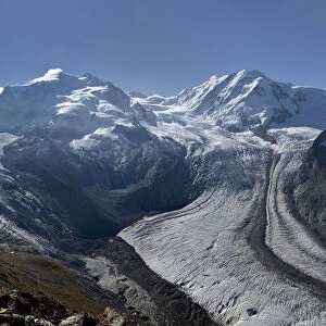 Gorner glacier with Mont Rose and Lyskamm, Swiss Alps, Valais, Switzerland. September 2018
