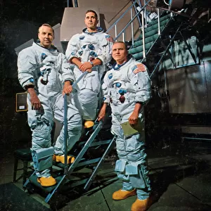 The crew of Apollo 8 in front of a simulator, 1968. Artist: NASA