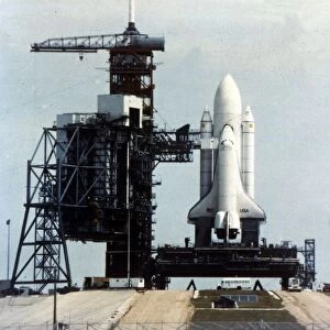 Space Shuttle Orbiter on launch pad on launch pad, Kennedy Space Center, Florida, USA, 1980s