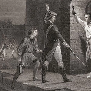 The capture of Fort Ticonderoga, May 10, 1775. An incident during the first months of the American Revolutionary War when a small force of American patriots led by Ethan Allen and Benedict Arnold surprised and took possession of the fort and its British garrison. The engraving shows Ethan Allen demanding the surrender of the fort from Captain William Delaplace, the British commander. No man from either side was killed in the action