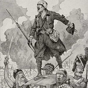 French Propaganda Poster Entitled "on Les Aura", Or We Will Have Them. Four Soldiers From Different Historical Periods Carry A Wounded But Defiant World War One Soldier On A Shield. From Agenda Buvard Du Bon Marche Published 1917