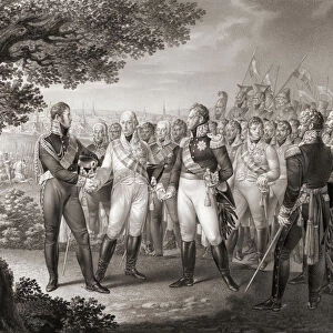 Meeting in Prague on August 18, 1813, between European monarchs who were part of the Sixth Coalition against Napoleon: Francis I, Emperor of Austria, Alexander I, Emperor of Russia and Frederick William III, King of Prussia. After a work by Leo Wolf