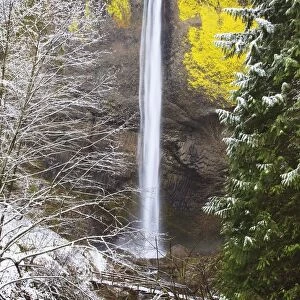 Snow Adds Beauty To Latourell Falls, Columbia River Gorge National Scenic Area; Oregon, United States Of America