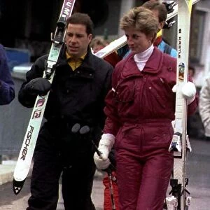 Princess Diana and Lord Linley holding their skis on a skiing holiday in Lech, Austria