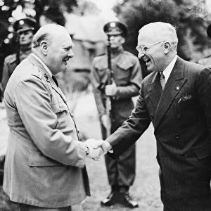 Winston Churchill greeting President Truman on arrival at the Prime Minister