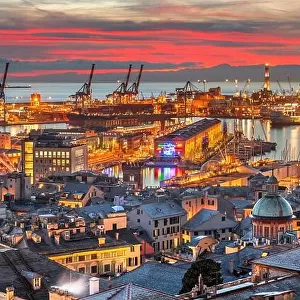 Genova, Italy downtown skyline on the port at dusk