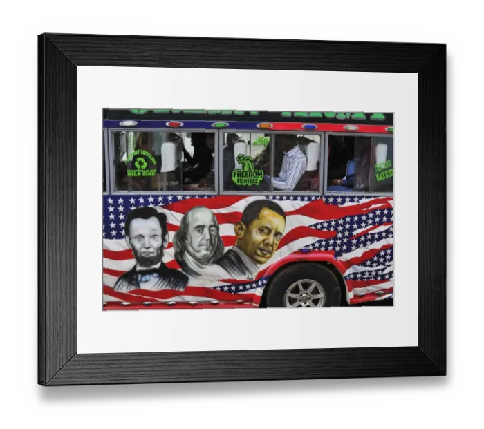 Framed Print : People sit in a matatu minibus with a painting depicting US Presidents Abraham Lincoln