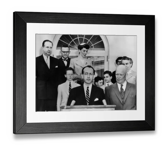Framed Print : Dr Jonas E. Salk, who developed the anti-polio vaccine, speaking at a White House ceremony after President Eisenhower presented him with a presidential citation Framed Print : Dr Jonas E. Salk, who developed the anti-polio vaccine, speaking at a White House ceremony after President Eisenhower presented him with a presidential citation