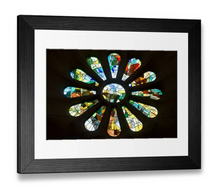 Framed Print : Picture shows a stained glass rose window of the Expiatory Church of the Sagrada Framed Print : Picture shows a stained glass rose window of the Expiatory Church of the Sagrada