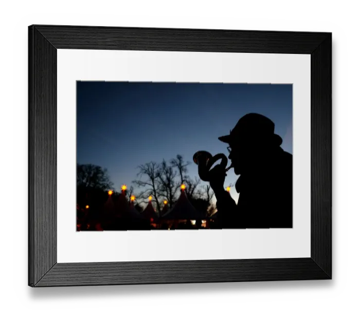 Framed Print : Hunters blow the hunting horn at the annual Christmas Market at the castle of Goedens in Sande