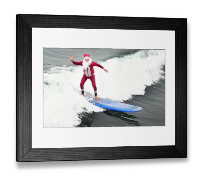 Framed Print : Us-Holiday-Surfing-Santa-Offbeat Framed Print : Us-Holiday-Surfing-Santa-Offbeat