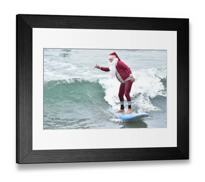 Framed Print : Us-Holiday-Surfing-Santa-Offbeat Framed Print : Us-Holiday-Surfing-Santa-Offbeat