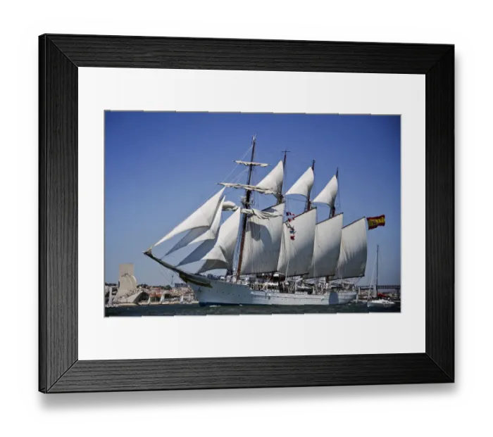 Framed Print : Sailing boat Juan Sebastian De Elcano sails at the Tejo River in Lisbon on July 22