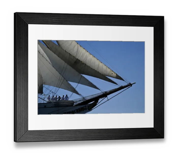 Framed Print : Crew members of Portuguese sailing boat Sagres sail in Tejo River in Lisbon on July 19
