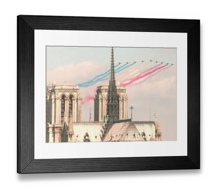 Framed Print : Alphajet planes of the Patrouille de France fly next to Notre Dame