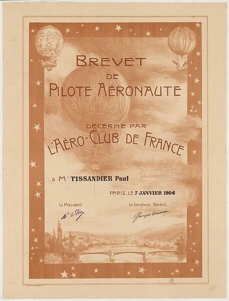 Brevet de pilote aeronaute, decerne par l Aero-Club de Franc