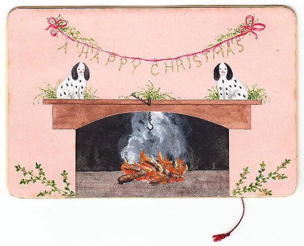 Christmas card with dogs and fireplace