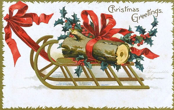 Christmas Yule Log being pulled along atop a wooden frame