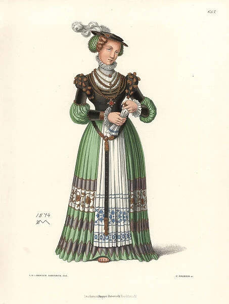 Costume of a noble woman from a colour pen drawing, 1574