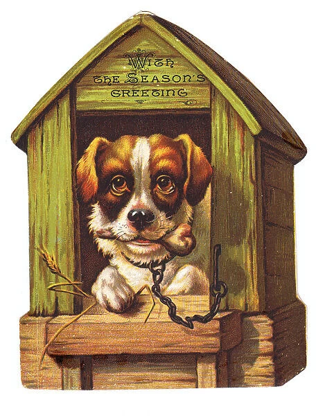 Dog with a bone on a kennel-shaped Christmas card