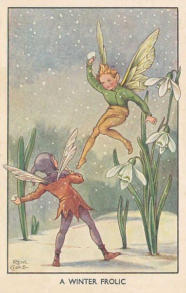 Fairyland. A Winter Frolic. Two fairies snowballing close by some snowdrops