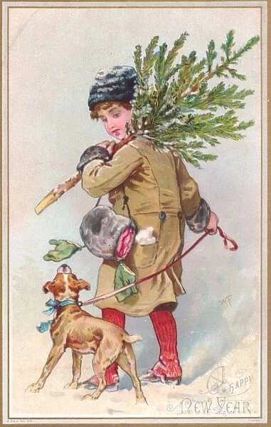 Girl and dog with Christmas tree on a New Year card
