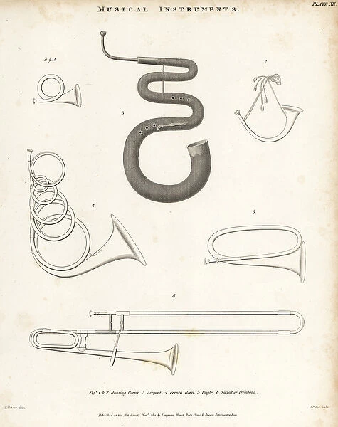 Hunting horns, serpent, French horn, bugle and trombone