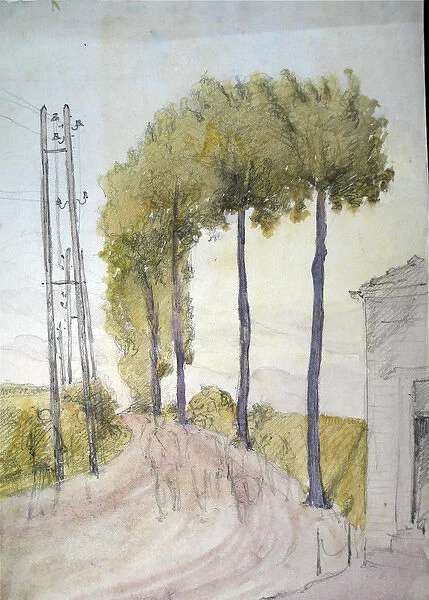 Sketch of soldiers on a road somewhere in France