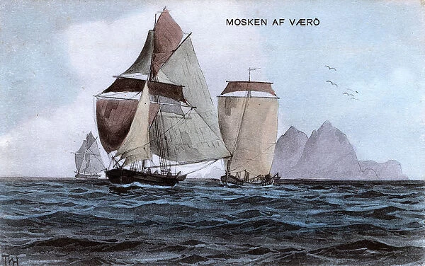 Traditional fishing boats off Mosken, Vaeroy, Norway