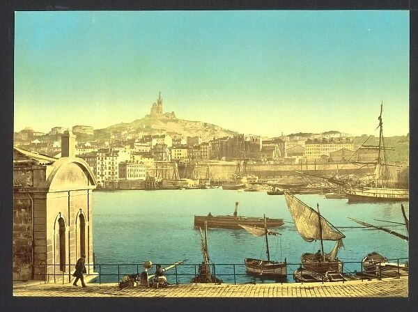 View of Notre Dame de la Garde and harbor, Marseilles, Franc