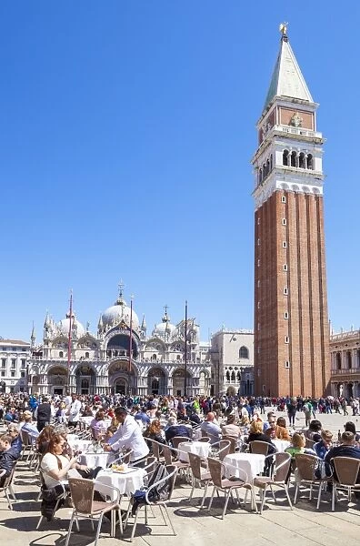 Campanile, Basilica di San Marco, Piazza San Marco, tourists and the cafes of St