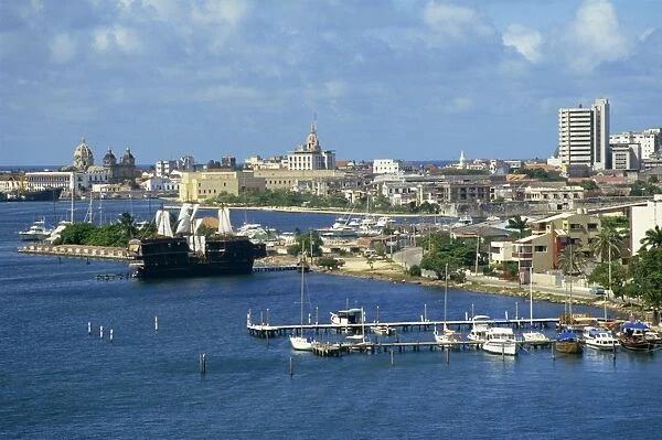Jetties, harbour and skyline of the city of Cartagena in Colombia, South America