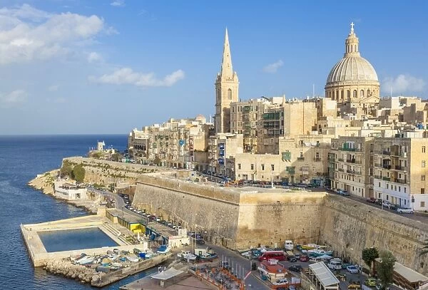Valletta skyline with the dome of the Carmelite Church and St. Pauls Anglican Cathedral, Valletta, Malta, Mediterranean, Europe