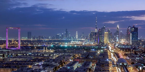 Financial Centre and Downtown at dusk, elevated view, Dubai, United Arab Emirates