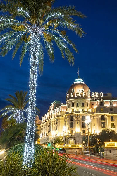 The Hotel Negresco at Dusk, Promenade des Anglais, Baie des Anges, Nice, South of France