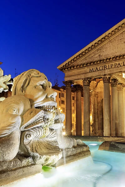 Italy, Rome, Pantheon and Piazza della Rotonda Fountain by night