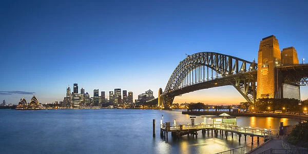 Sydney Harbour Bridge and skyline at sunset, Sydney, New South Wales, Australia