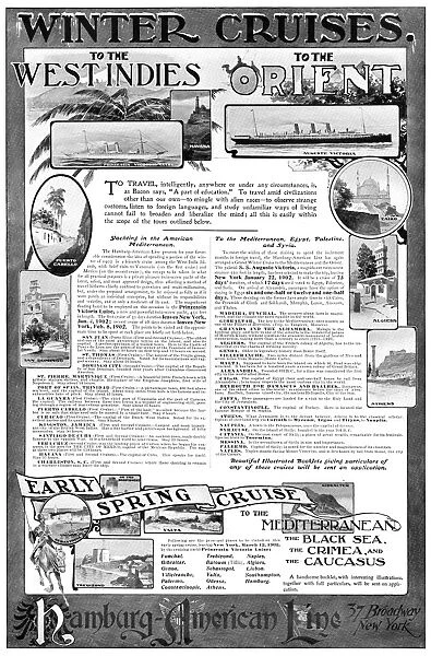 AD: HAMBURG-AMERICAN LINE. American magazine advertisement for the Hamburg-American